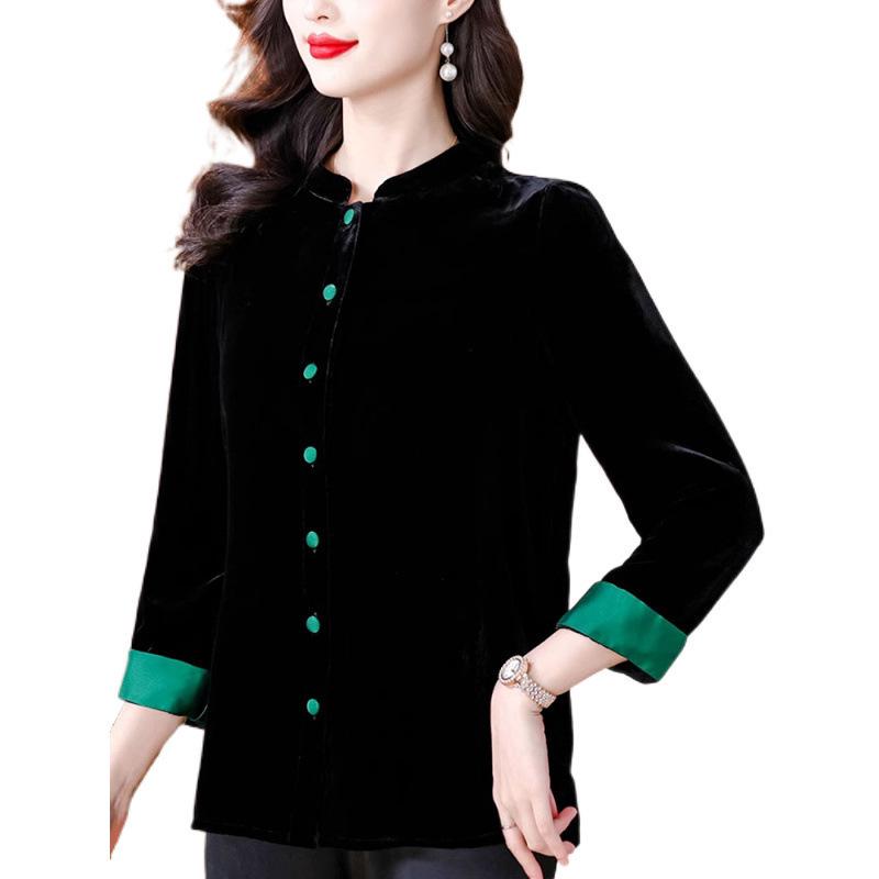 Damenmantel aus schwarzem Samt - Neuer chinesischer Stil Frühling/Herbst Lockerer Cardigan