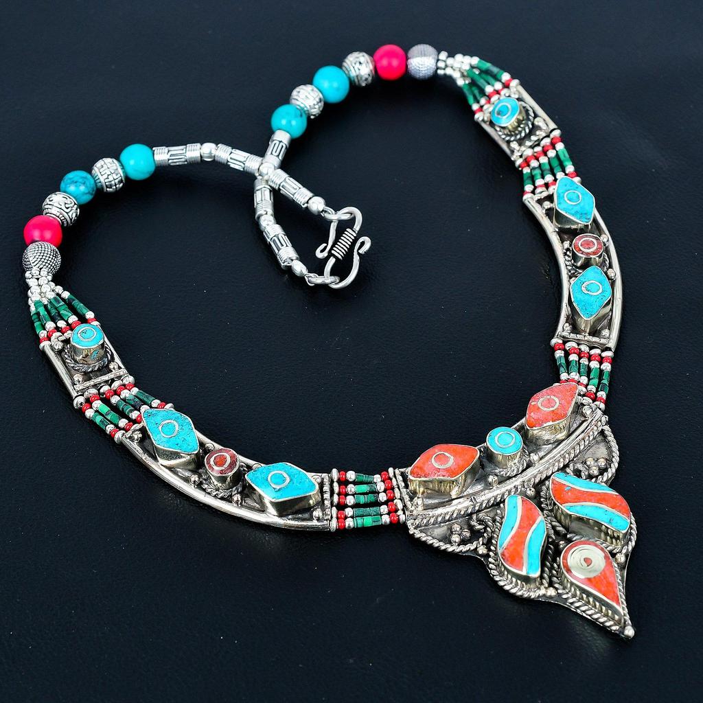 Natural Turquoise, Red Coral 925 Sterling Silver Necklace Tibetan Silver Bohemian Antique Necklace Handmade Jewelry Nepali Necklace Gift