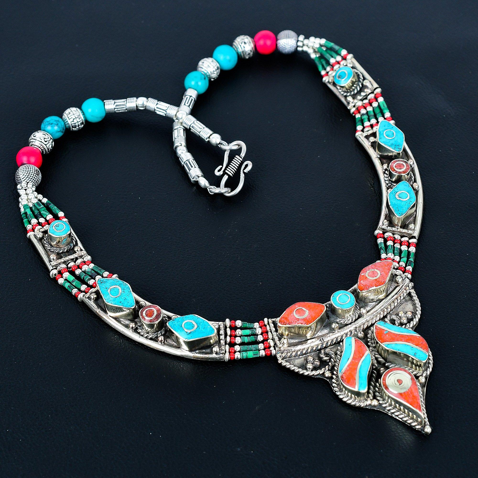 

Natural Turquoise, Red Coral 925 Sterling Silver Necklace Tibetan Silver Bohemian Antique Necklace Handmade Jewelry Nepali Necklace Gift 20 синий