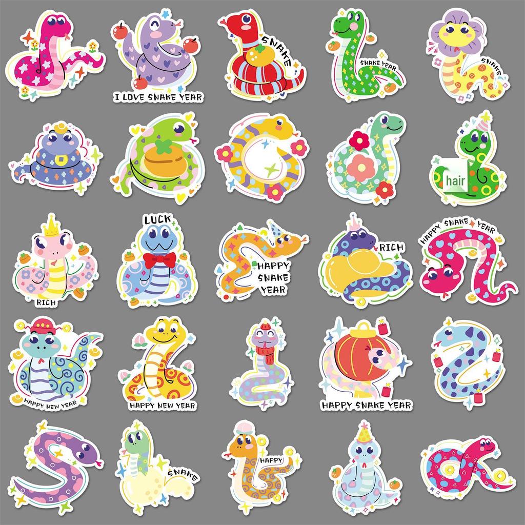 Original New Year Snake Graffiti Stickers - 50 Hand-Painted Cartoon Designs for Creative Decoration on Phone Cases and Water Bottles.