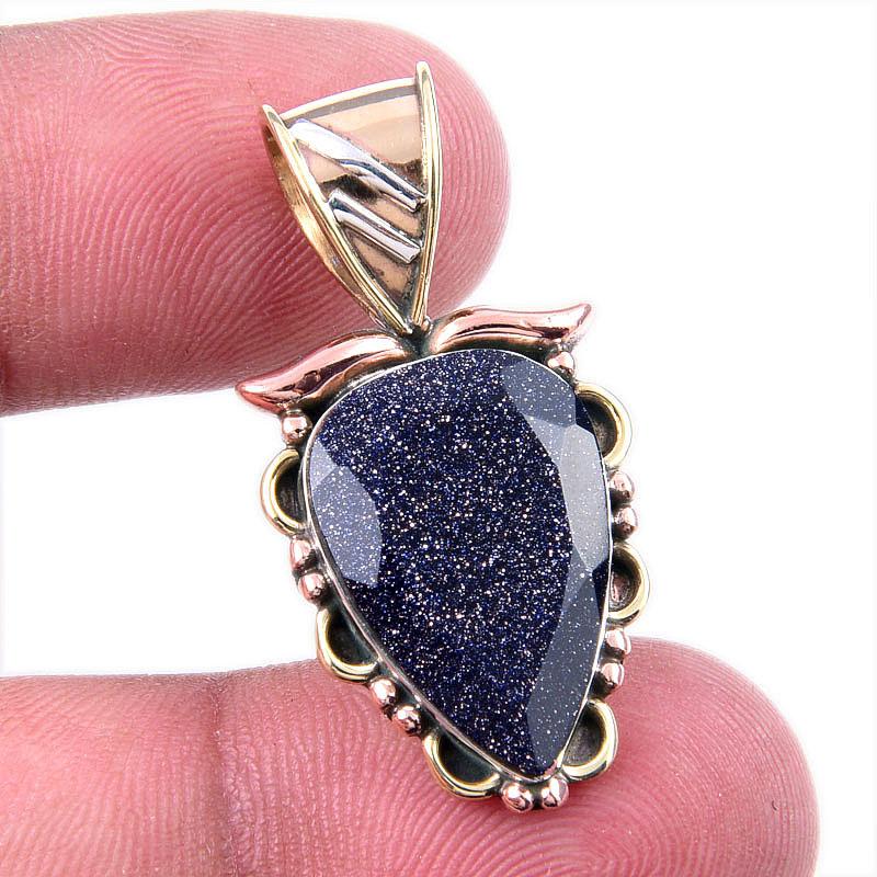 

Natural Blue Sunstone 925 Solid Sterling Silver Gift TwoTone Pendant 1.25 T3P71