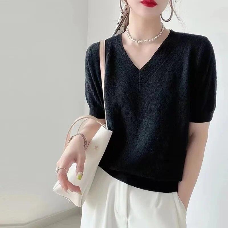 

WTEMPO элегантная рубашка с v-образным вырезом и коротким рукавом, летняя шелковая кружевная блузка, свитер, женские повседневные открытые топы, женская свободная футболка XL