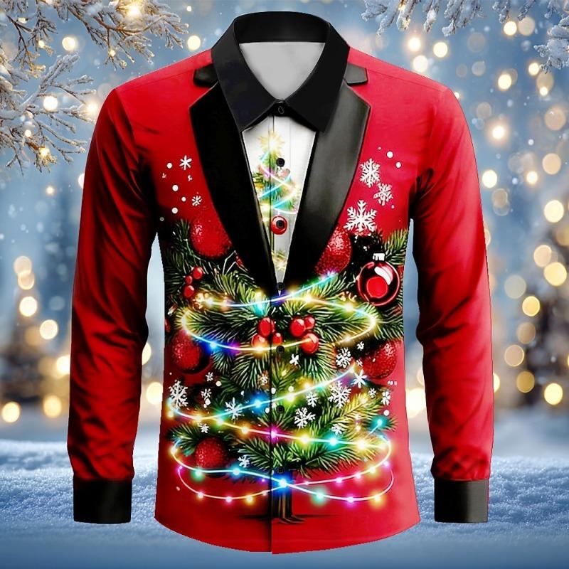 Christmas Men's 3D Fake Suit Christmas Reindeer Pattern Festive Atmosphere Lapel Long Sleeve Shirt Casual Slim Shirt