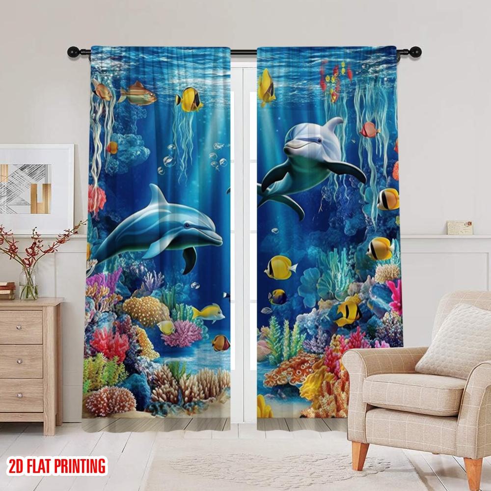 2pcs,2D plane printing Creative Curtains Ocean Symphony Versatile Fabric (without rod) All Seasons Ldeal for Living Room,