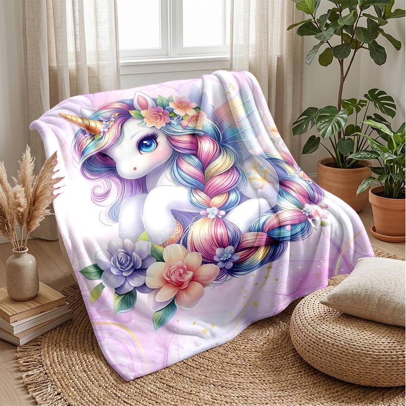 Rainbow unicorn with flowers Theme blanket Lightweight Warm Flannel Blanket Decorative Throw Blanket for Home Decoration