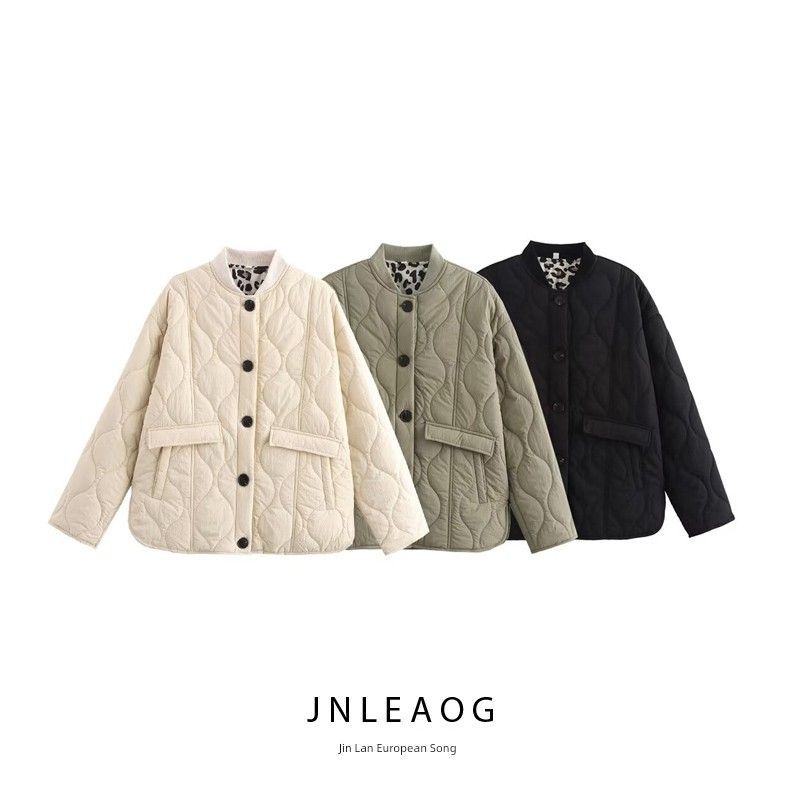 Jnleaog Autumn New Women's Clothing Fashion Style French Fashion All-Match Leopard Print Lining with Thread Collar Cotton-Padded Coat