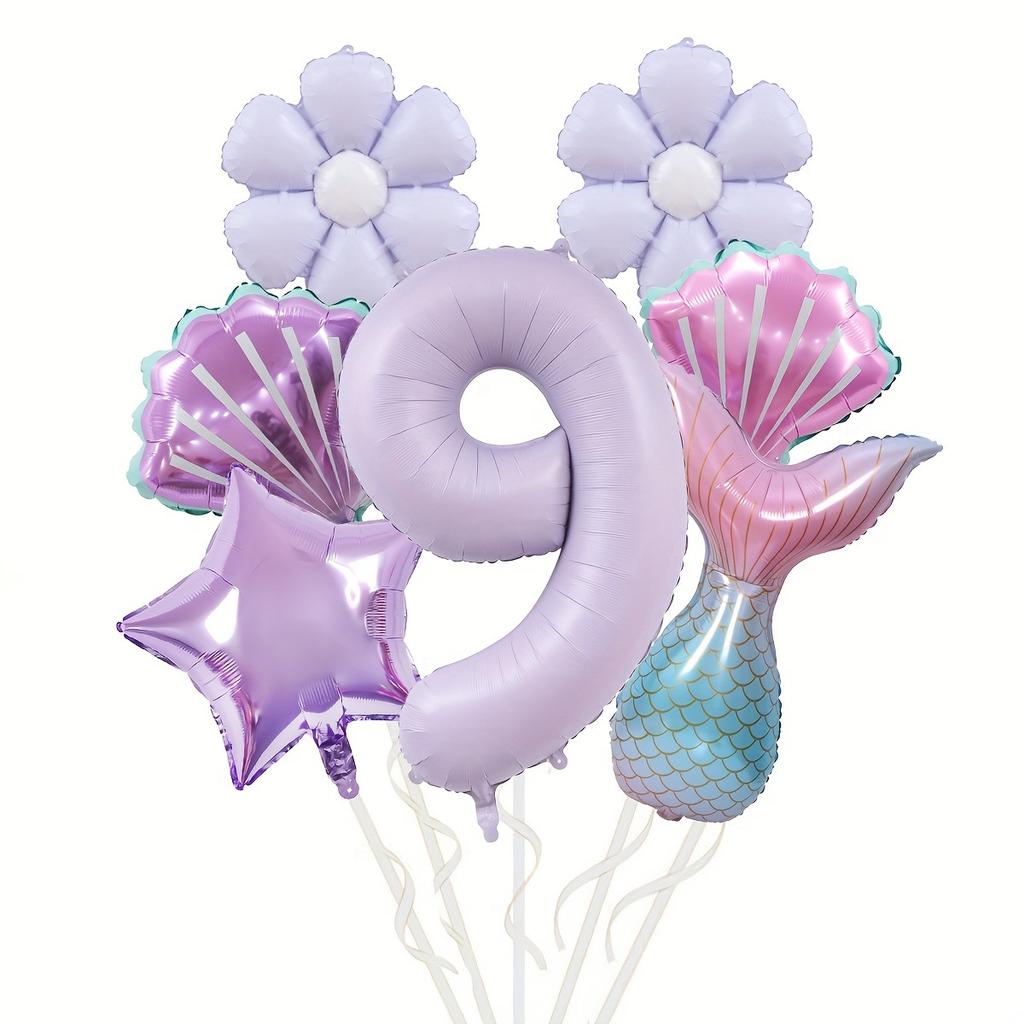 Mermaid Theme Balloon Set, Fish Tail Shell Shape 40-inch Digital Aluminum Film Birthday Party Decoration Props