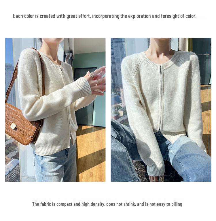 Korean Style Retro Round Neck Knit Cardigan for Women - Petite Autumn High Waist Zip Sweater