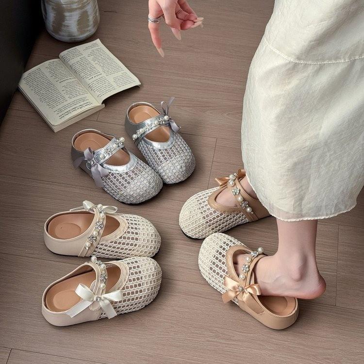 Baotou wears half slippers outside, women's summer 2025 new mesh breathable slippers, thick-soled one-pedal beaded cool slippers