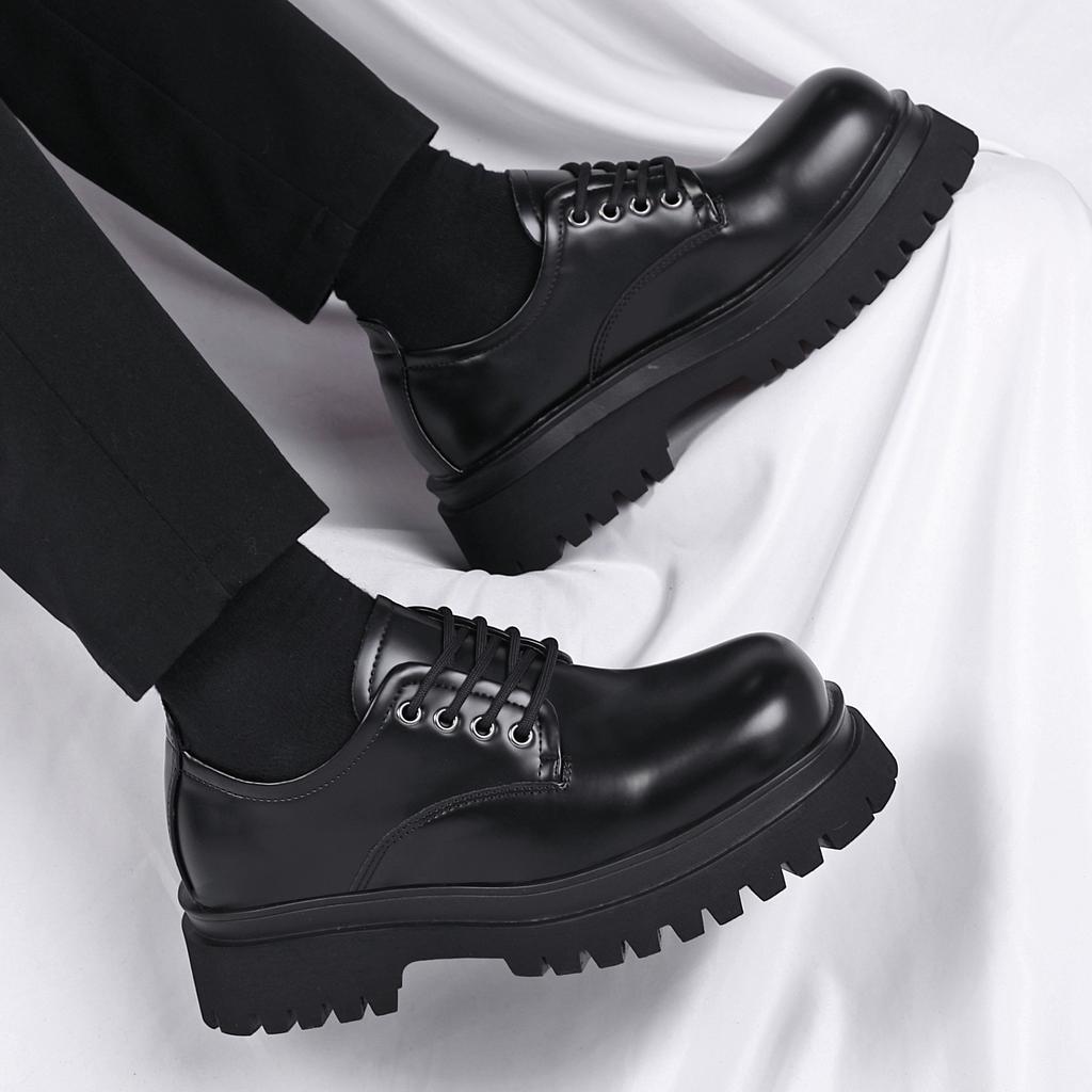 2025 New Men's Shoes Trendy Brand High-end Big Head Leather Shoes Black Low-top Martin Shoes Casual Platform Derby Shoes