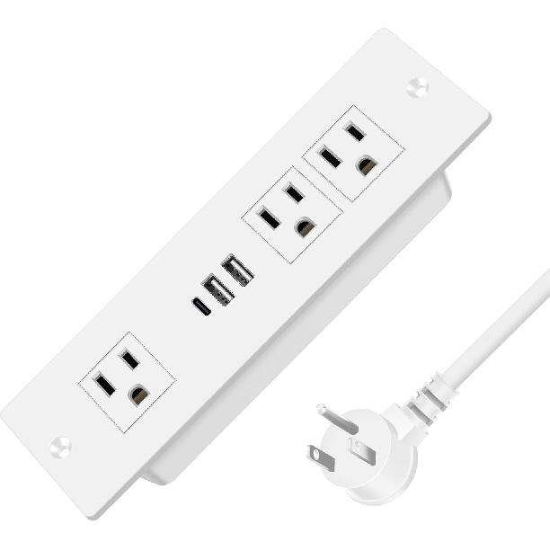 HEZI Recessed Power Strip, Furniture Drawer Outlet with 20W PD USB-C & 18W QC3.0 USB-A, Plug in 3 Outlets & USB Ports, Flush Mount 6FT White