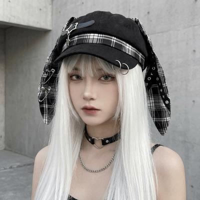 Fashion Rabbit Ears Plaid Beret Hat Thin Brim Y2K Painter Artist Cap Cross Gothic Newsboy Peaked Hat Women