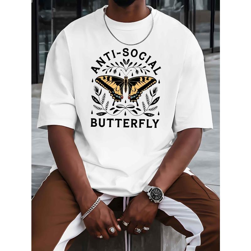 European Size Men'S Casual Crew Neck T-Shirt, Unsociable Butterfly Print, Short Sleeve, Regular Fit, Breathable Knit Fabric, Summer Fashion Top