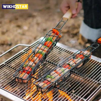 BBQ Skewers Basket Wooden Handle Barbecue Cage Outdoor Camping Barbecue Net Square Meat and Vegetable Barbecue Tube BBQ Tools