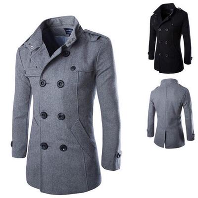 Men Autumn Winter Double Row Button Collar Woolen Coat Sweater Tops Blouse Mid-length Trench Coat