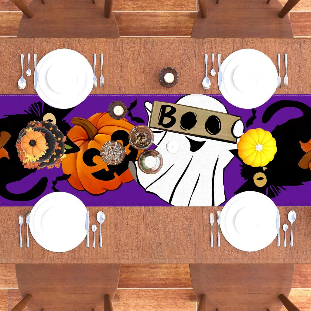 1pc Purple Halloween Table Runner with Pumpkin Ghost Pattern Dustproof Durable Tablecloth for Halloween Themed Party Decoration