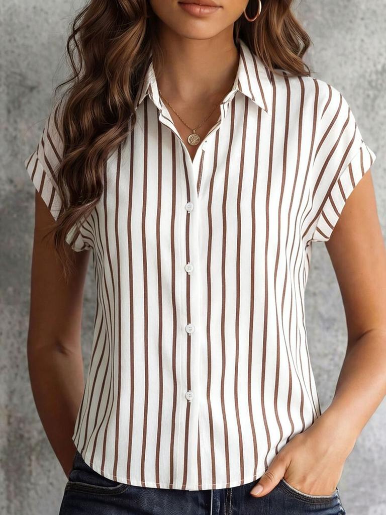 Damen S Gestreiftes Kurzarm Hemd mit Knöpfen Sommer Lässige Bluse