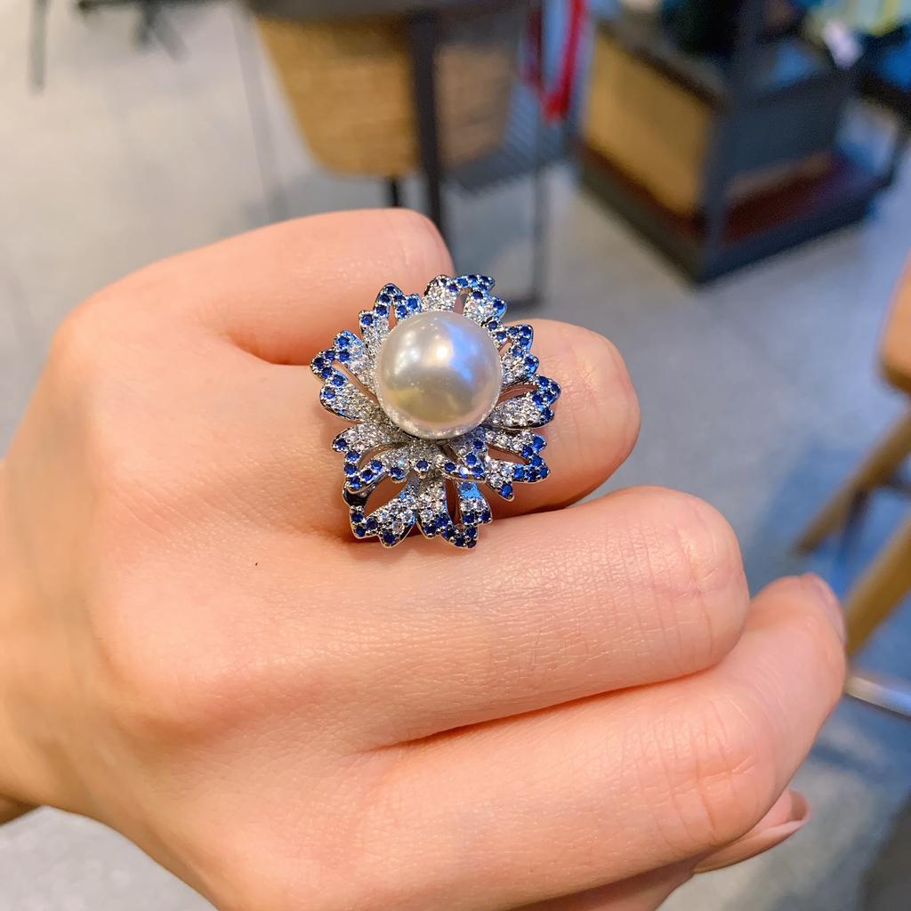 Australische Perlmuttperle, Saphir, Diamant, stilvoller Ring, verstellbarer Ring