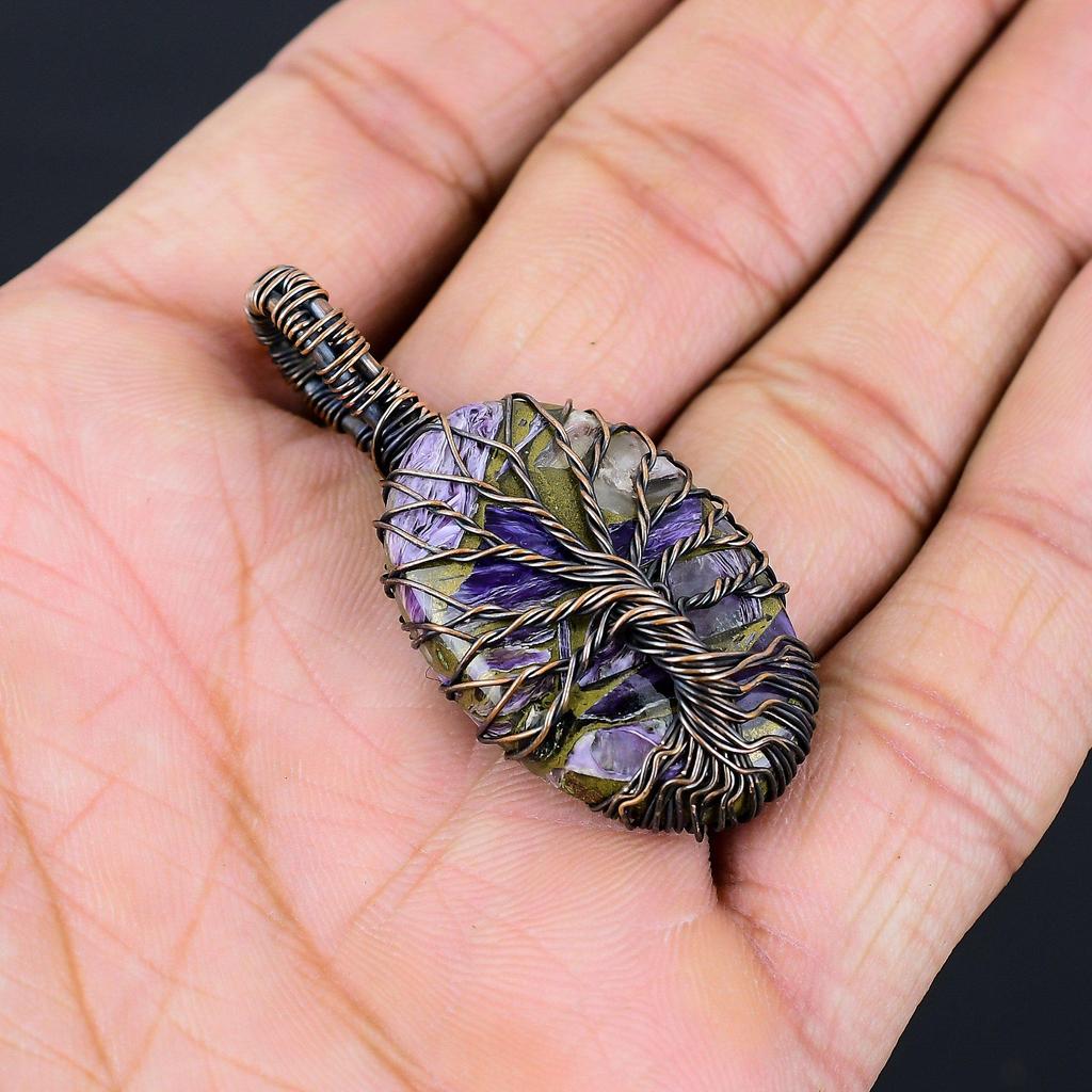 Tree Of Life Copper Charoite Gemstone Pure Copper Wire Wrapped Handmade Pendant Jewelry