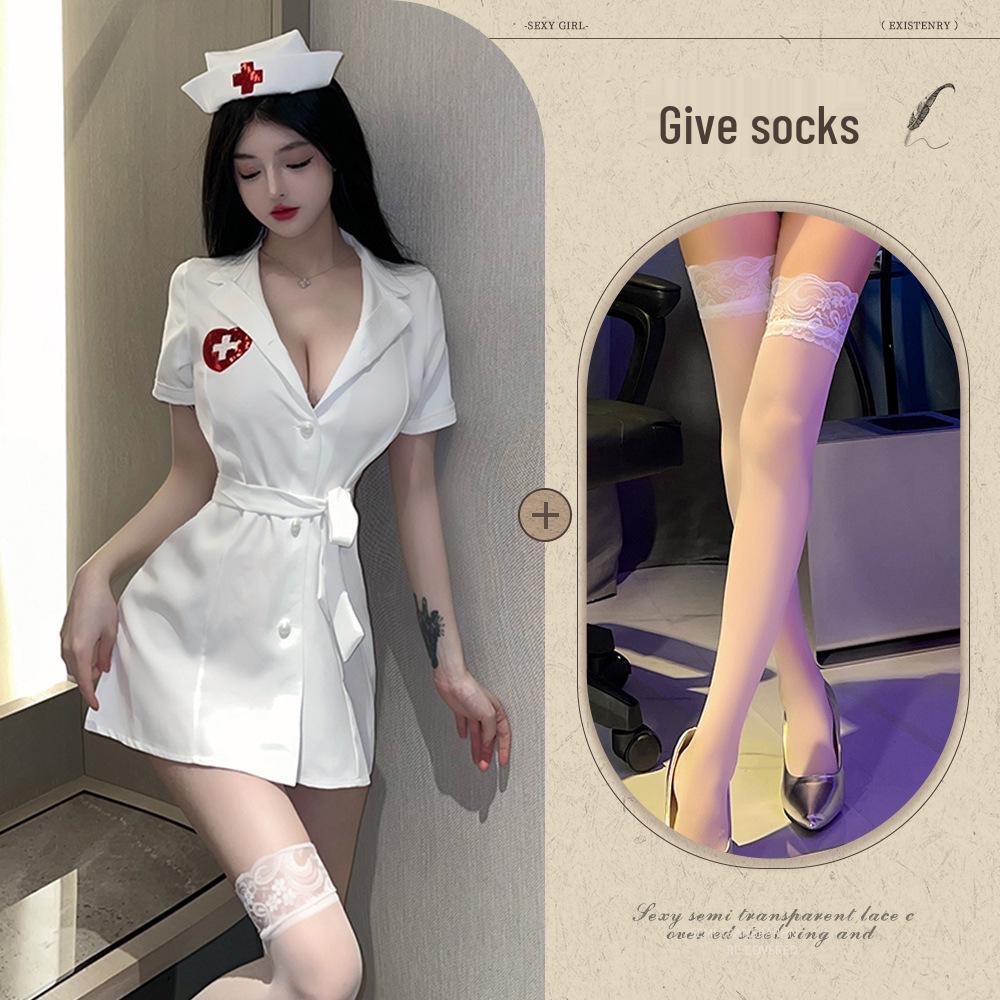 Passionate Nurse Role Play Lingerie – Deep V Nightgown for Flirty Bedtime Temptation