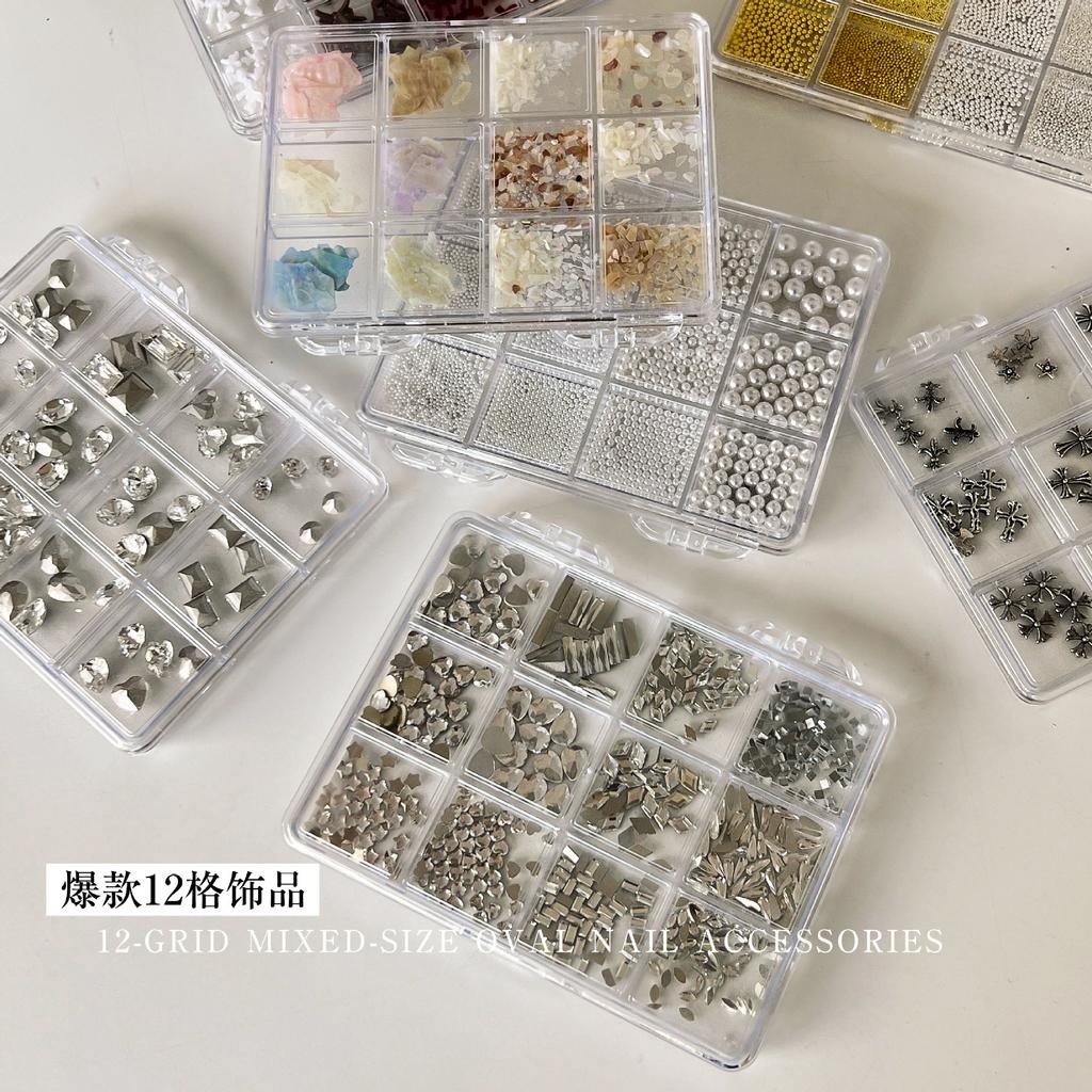 12 Grid Mini Zircon Pearl Nail Accessories Internet Celebrity New Mixed Flat Bottom Steel Ball Cross Decoration
