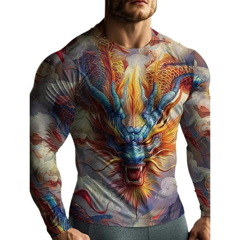 Round Neck 3D Dragon Print T-shirts Casual Short Sleeved Men's T-shirts - Soft Medium Stretch Polyester Fabric Spring and Autumn Relaxed Fit Clothing