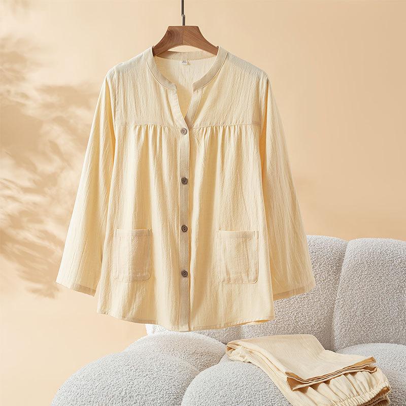 Autumn new women's pure cotton pajamas thin suit V-neck solid color loungewear long sleeves trousers can be worn outside
