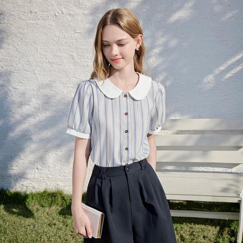 Betu Women's Striped Puff Sleeve Doll Collar Short Sleeve Shirt