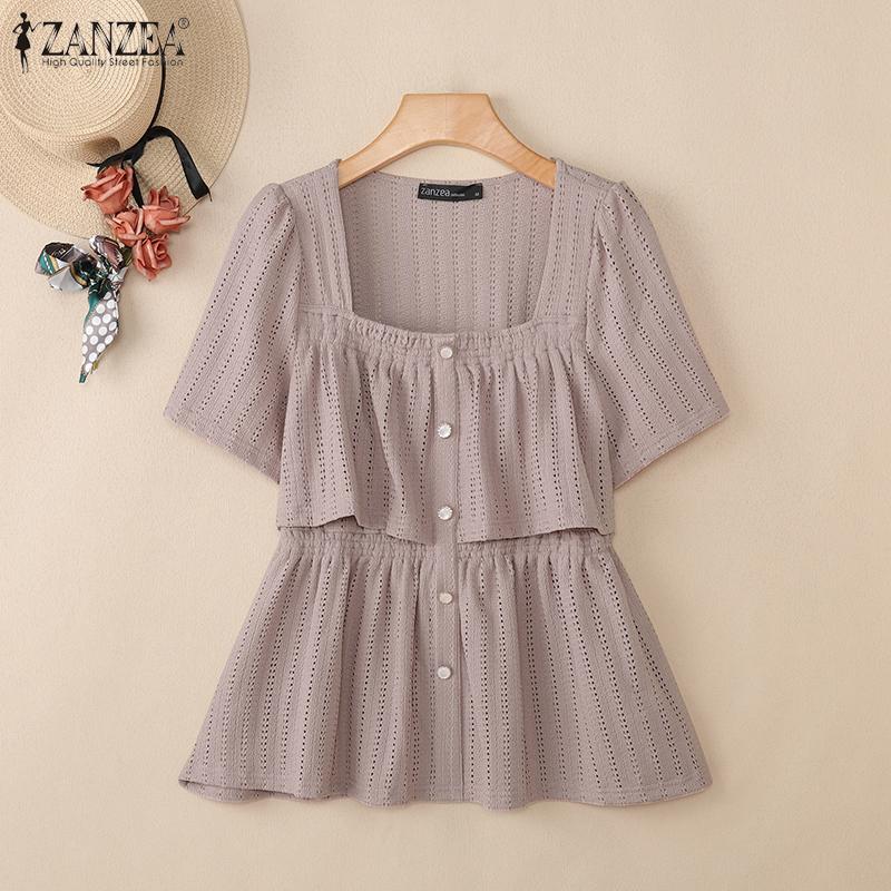 ZANZEA Women Square Collar Short Sleeve Layers Ruffled Hollow Casual Blouse