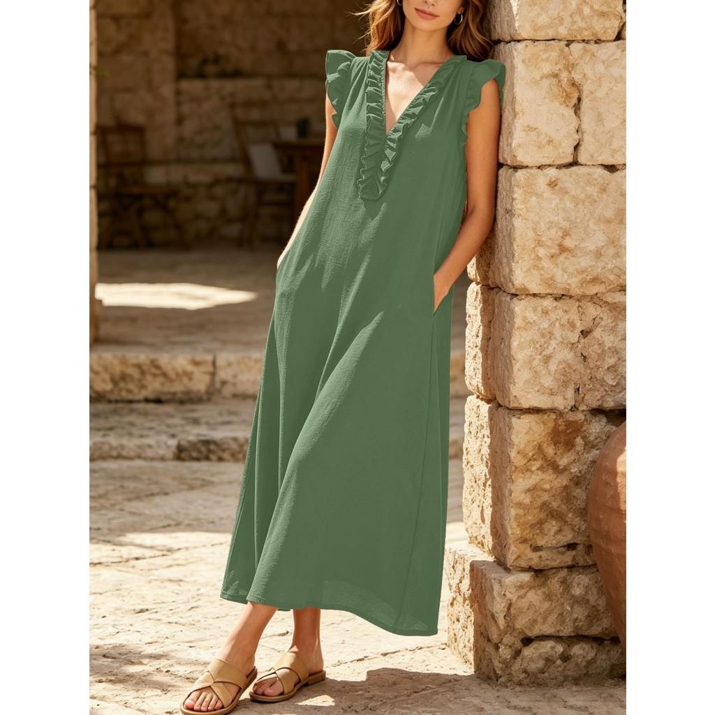 Plus Size Solid Color V Neck Ruffle Trim Sleeveless Casual Long Beach Dress for Women Summer Beachwear