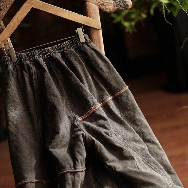 Johnature Women Vintage Plus Cotton Wide Leg Pants Green Warm Elastic Waist Winter Trouser Patchwork Loose Pants