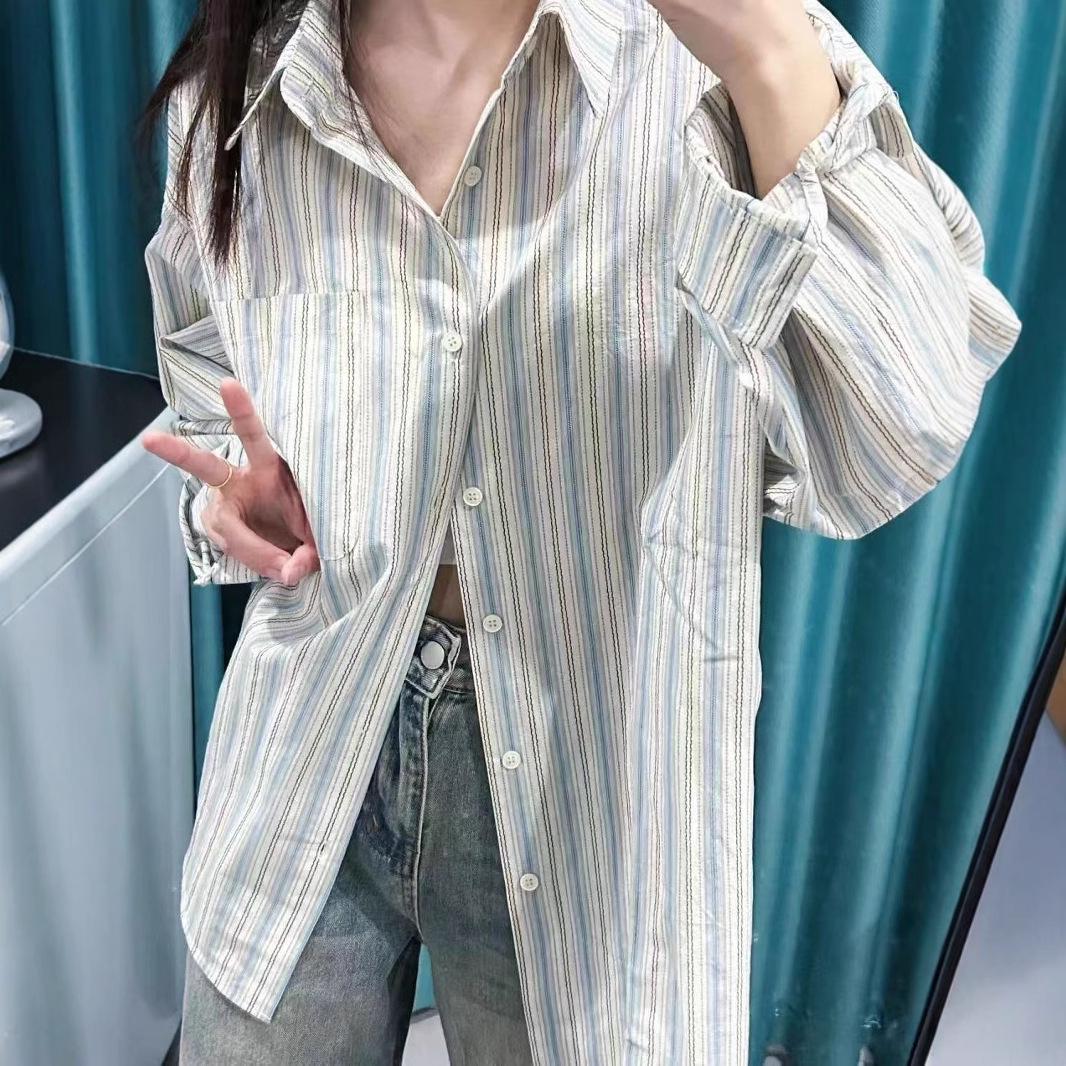 

Женская синяя полосатая рубашка с длинным рукавом для защиты от солнца, 2025 L