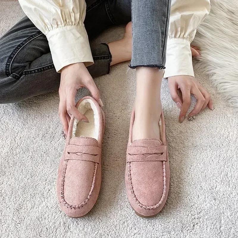 2024 Winter Women Shoes Non-Slip Bottom Warm Women Oxford Loafers Comfortable Flats Short Flock Sewing Casual Loafers