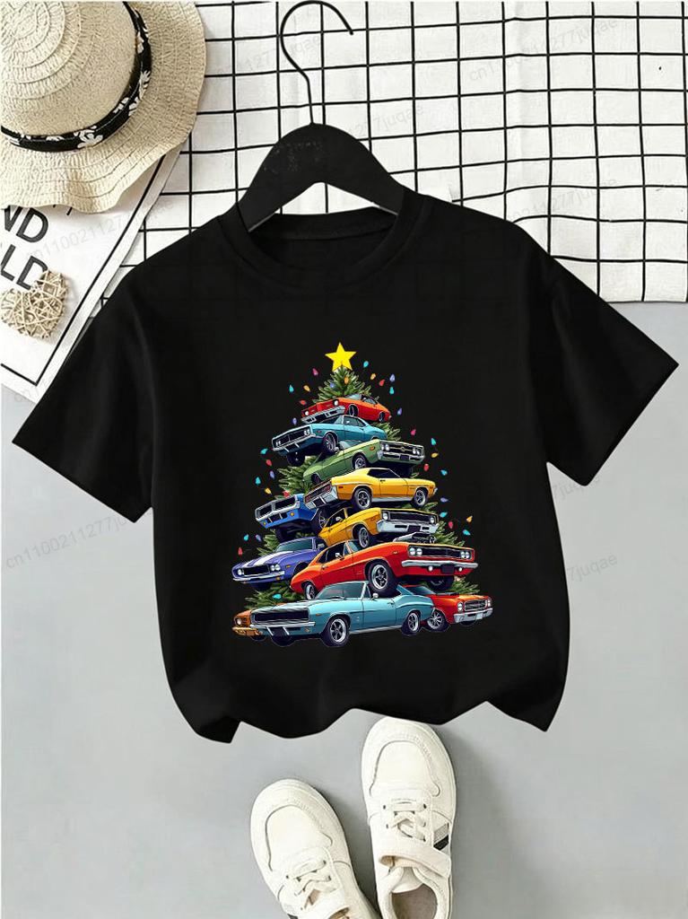 Boys Christmas T Shirt Race Car Christmas Tree Graphic Tee Classic Vintage Tshirts Toddler Boys Xmas Holiday Casual Tops Gifts