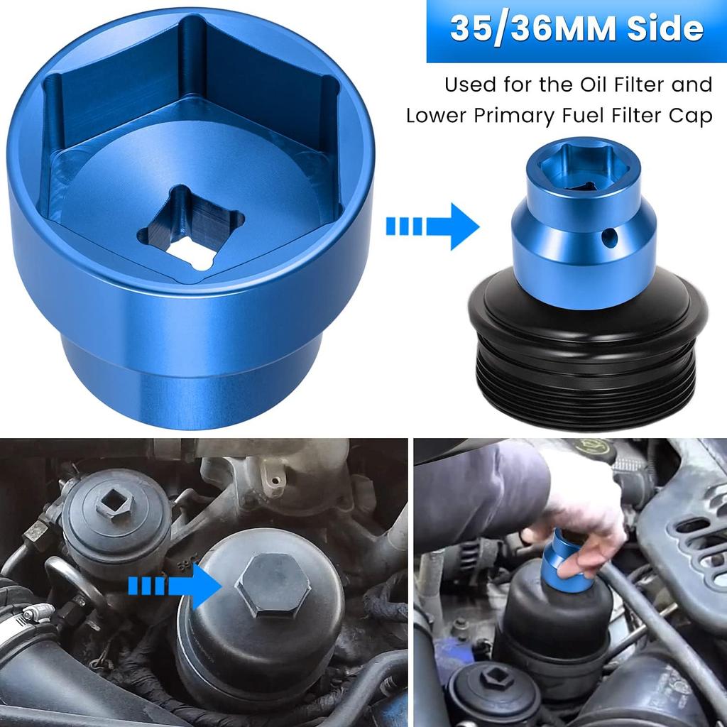 Fuel Filter/Oil Filter Socket 24Mm / 36Mm Reversible Fuel Filter Cap Remover And Taller Assistant For 2003-2010 6.0L / 6.4L Ford Powerstroke Diesel