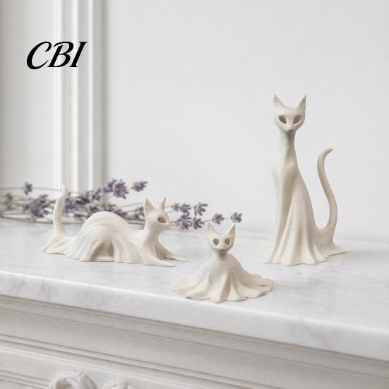 Ghost Skirt Cat Sculpture 3D Printed Statues, Halloween Haunted Kitten Figurines with Hollow Eyes Durable Statue & Flowing Drapes, Matte White Spooky