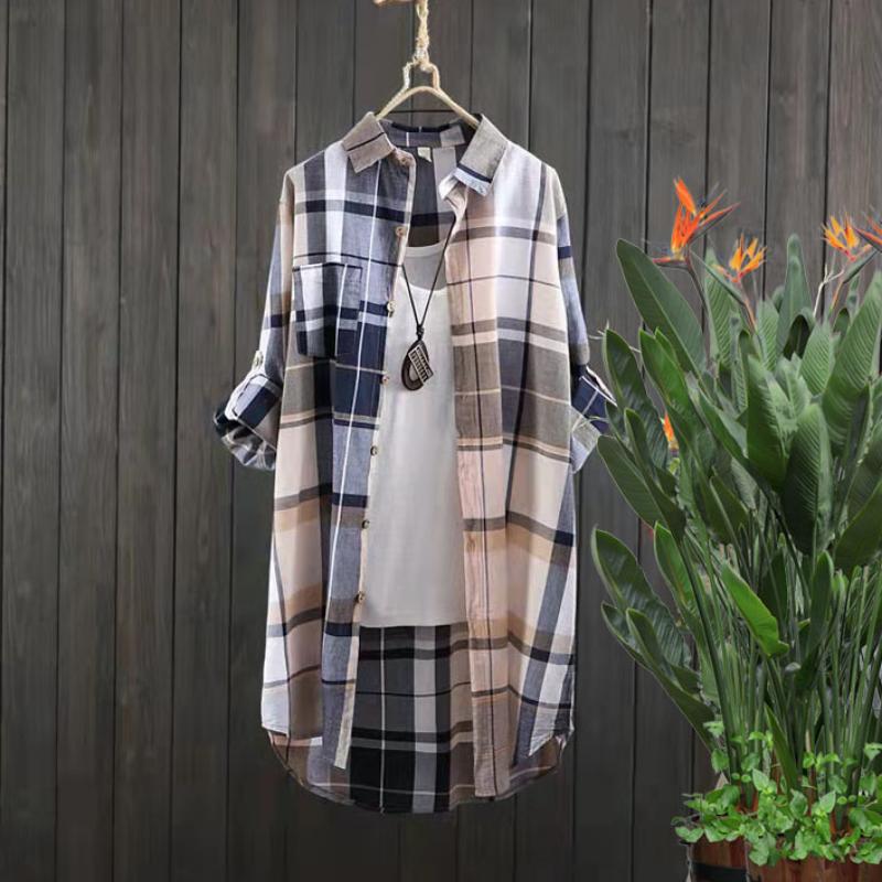 Plaid Cotton Mid Length Blouses Women Autumn Long Sleeve Elegant Casual Shirt Korean Fashion New Loose Button Blouses