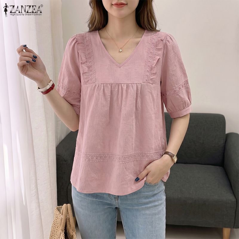 ZANZEA Women Casual V-Neck Loose Half Sleeve Cotton Blouse