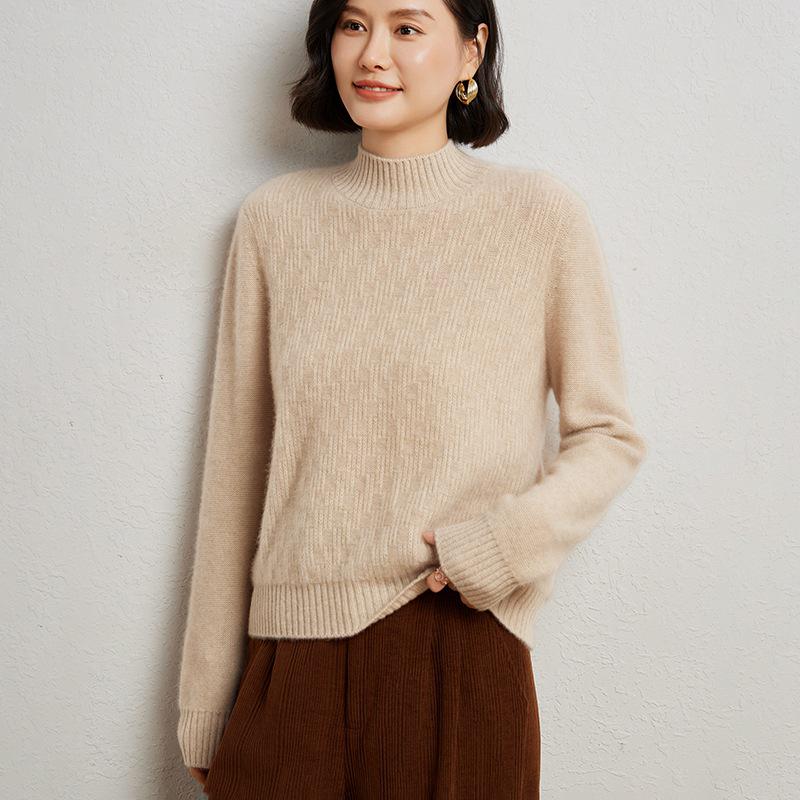 Women's Wool Blend Floral Knit Pullover Sweater - Half High Neck, Loose Fit for Autumn and Winter.