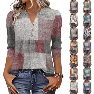 Women’s Fashion Loose Fit Three Quarter Sleeve Top Button Front Patchwork Design Lightweight Comfortable Blouse for Daily Wear