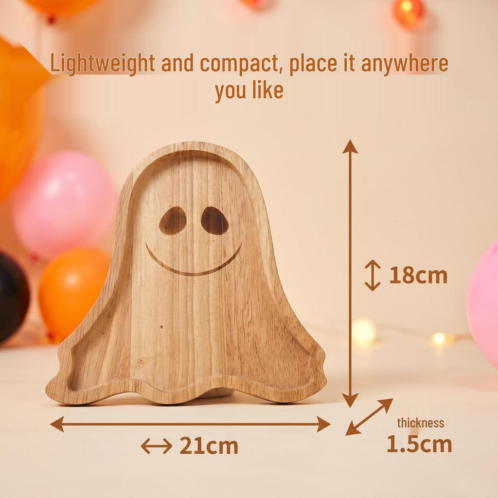 Křížový dřevěný podnos na Halloween: Talíř s dekorací lebky, dýně, ducha a netopýra