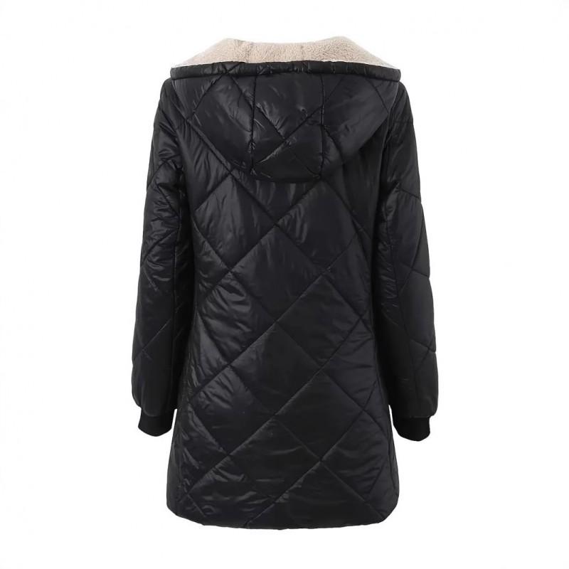 Womens Warm Hooded Cotton Padded Coat Long Sleeve Loose Fit Mid-Length Outerwear Black Navy