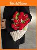 Borsa Secchiello a Fiore di Rosa Lavorata a Maglia con Chiusura a Coulisse per Uso Quotidiano Casual