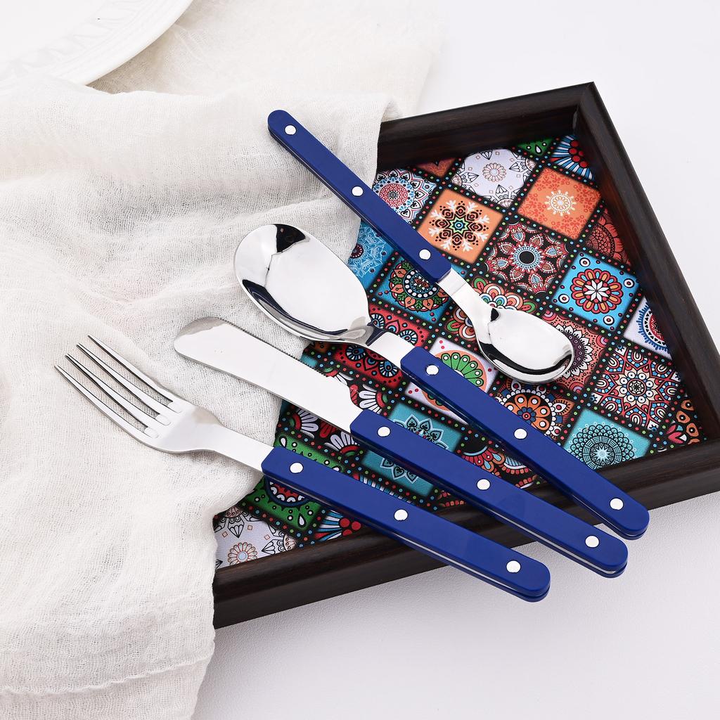 16 Pieces Color Handle Flatware Eating Utensils, Stainless Steel Tableware Rivet ABS Handle Design, Knives Forks Spoons for Home, Service for 4