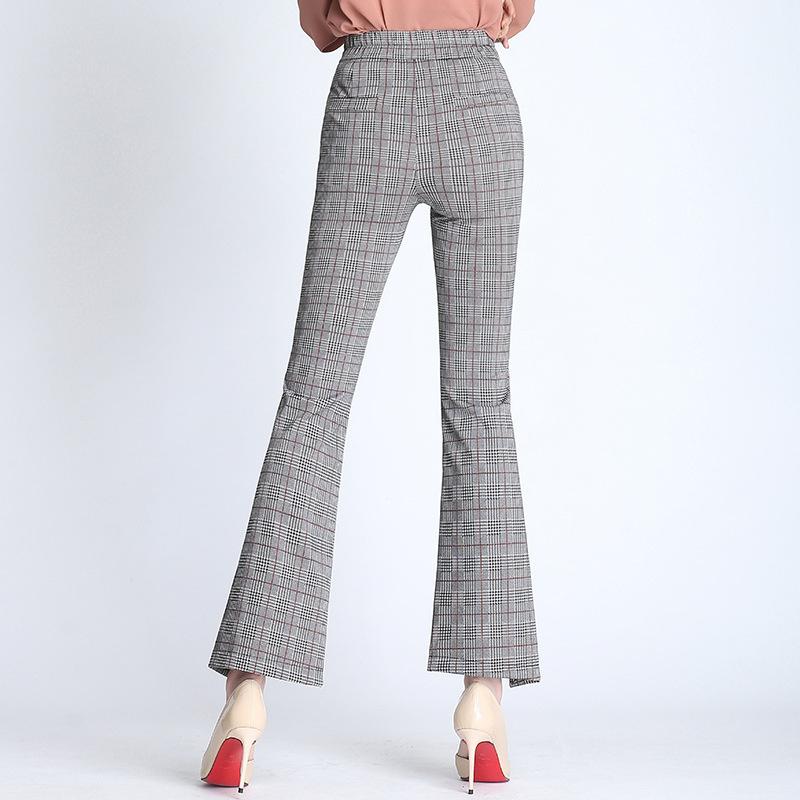 Plaid Flared Pants New Women's Nine-Quarter Pants 2026 Spring Elastic High-Waisted Slim-Fit Flared Pants with Slits