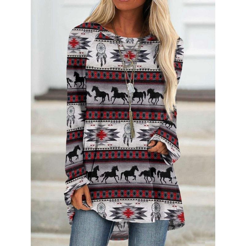 Round Neck 3D Ethnic Style Printed Top Fashionable Casual Long Sleeved Women's T-shirts