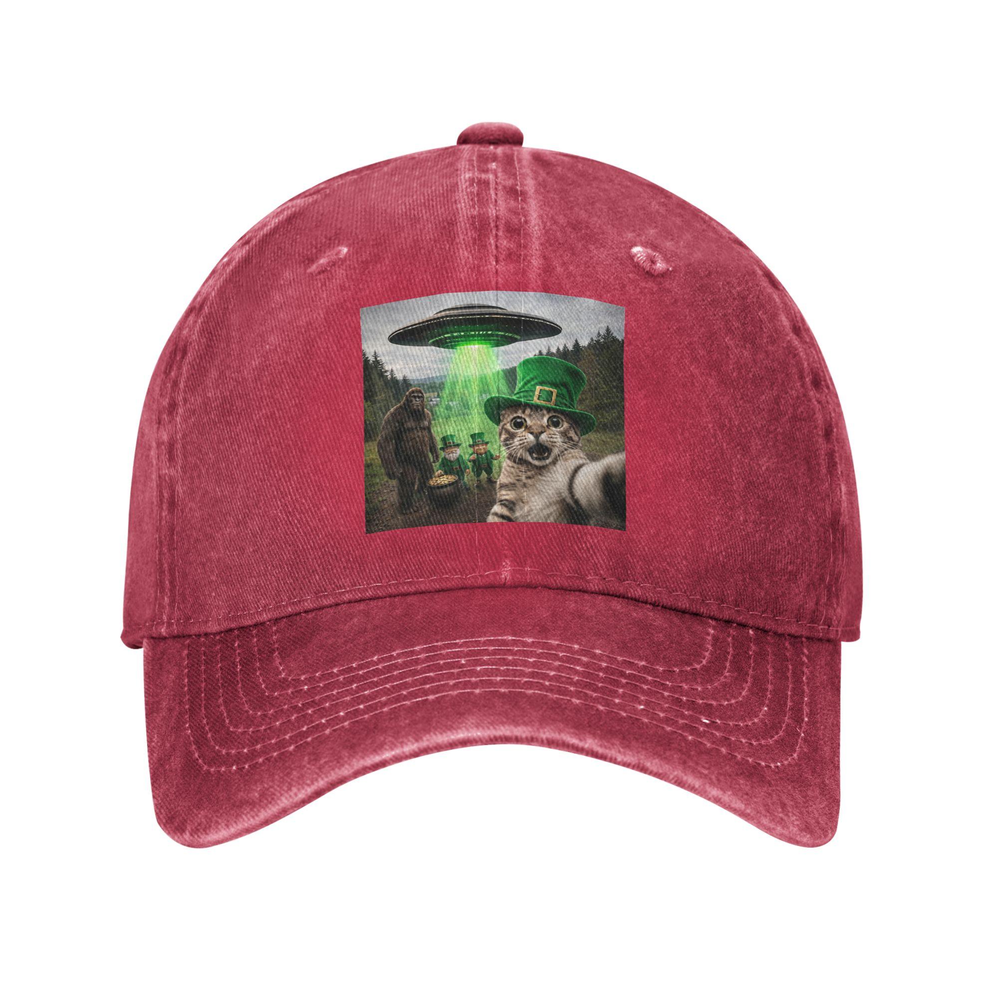 Funny St Patricks Day Cat Selfie with Leprechaun Bigfoot UFO Casual Baseball Cap For Unisex Unisex Breathable Baseball Caps One Size