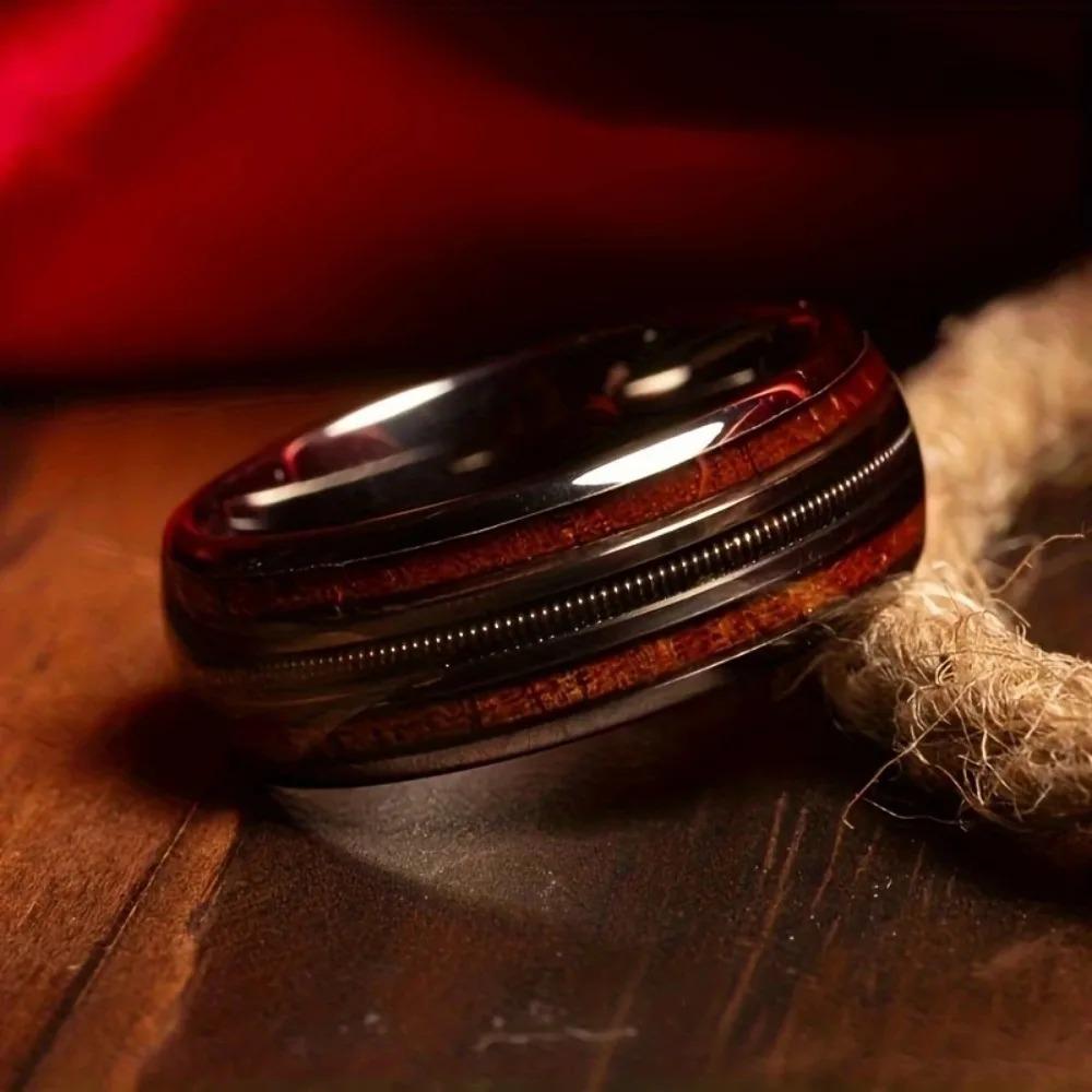 8mm Rose Gold Color Stainless Steel Guitar String Rings for Men Koa Wood Inlay Ring Whiskey Barrel Mens Wedding Band