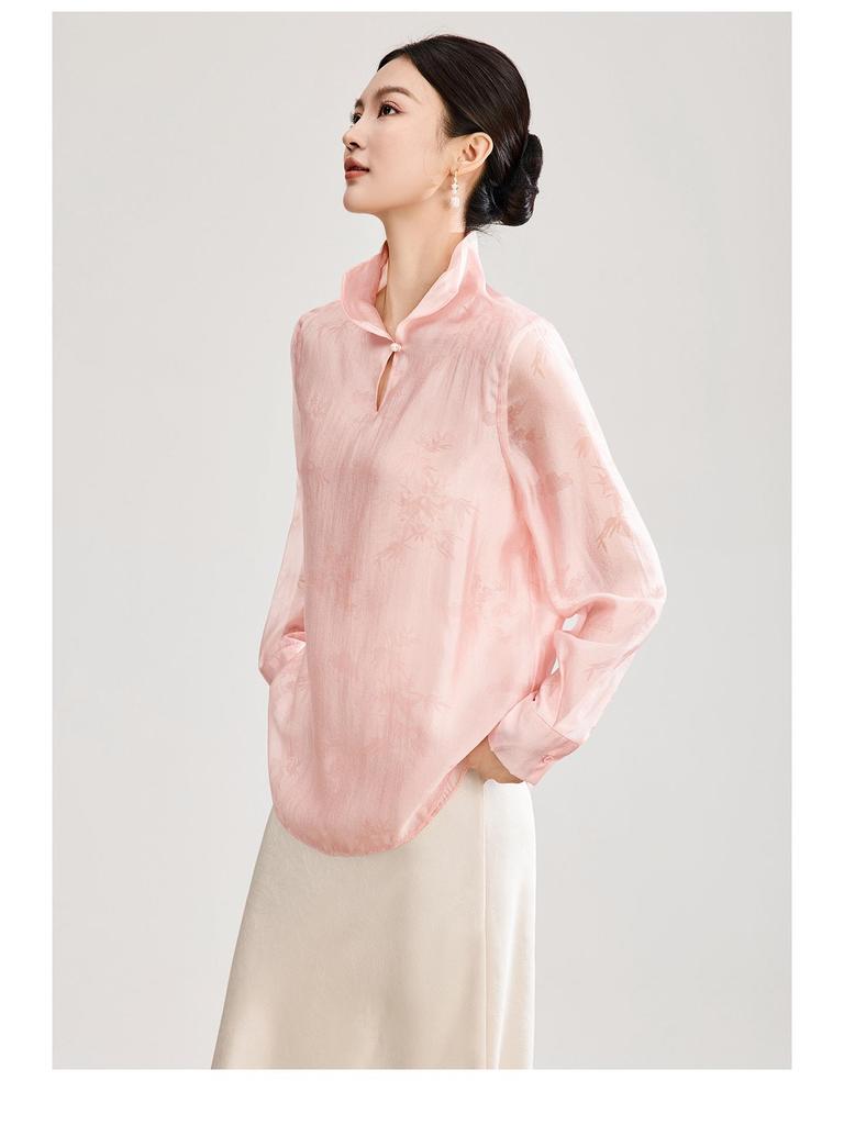 Elegant Silk Jacquard Stand Collar Shirt - Spring Style