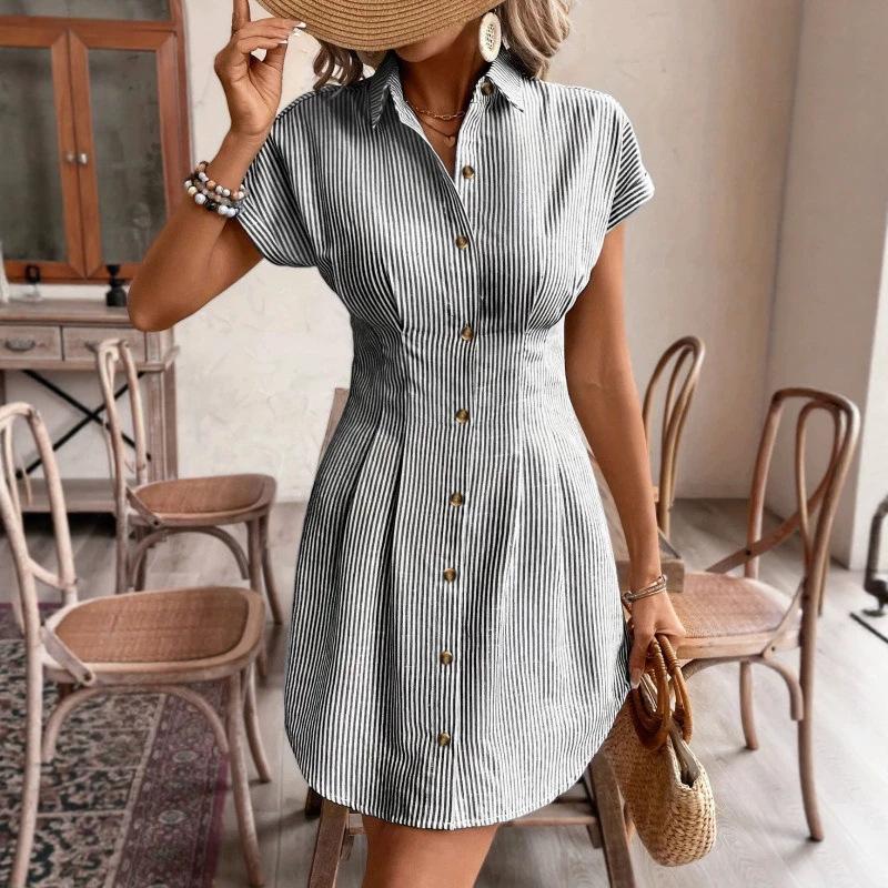 European and American Summer Women's Shirt Dress Blue Striped Cardigan Short-sleeved Dress